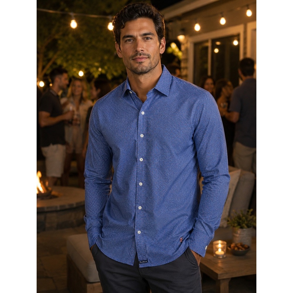 ENGLISH LAUNDRY Men'sโ Medium Blue Diamond Geometric Flip Cuff Long Sleeve -1115